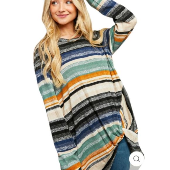 Multi Stripe Twist Hem Long Sleeve Blouse. Plus sizes 1X-3X - Picture 2 of 12